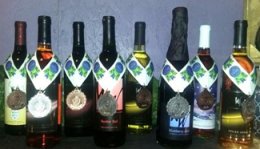 An assortment of wine bottles with award medallions draped over their necks